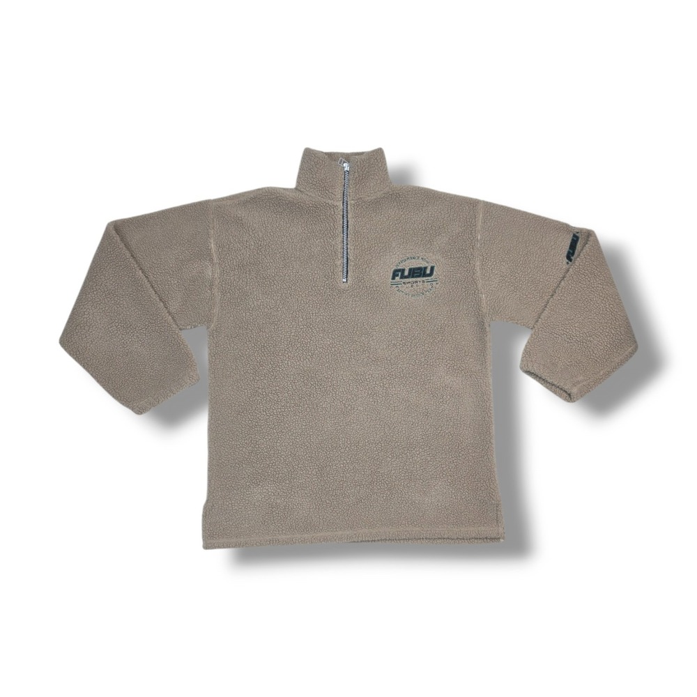 Vintage FUBU Sports 1/4 Zip Beige Thick Sherpa Fleece Sweatshirt Men's 2XL